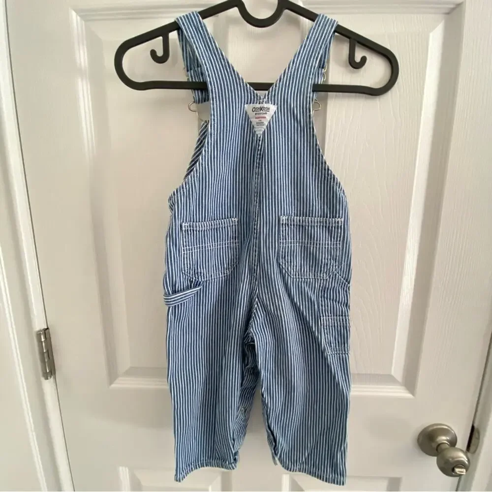 Vintage OshKosh B’Gosh Baby Boy 24M Railroad Stripe Overalls Denim USA 90s